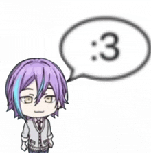 a chibi boy with purple hair is standing next to a speech bubble with the number three in it .