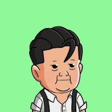 a cartoon of a man wearing suspenders and a white shirt with a sad look on his face