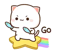 a cartoon cat is standing on a star holding a fish and says `` go '' .
