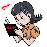 a cartoon girl is reading a menu and the word hmm is above her head