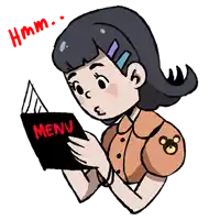 a cartoon girl is reading a menu and the word hmm is above her head