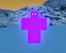 a purple ghost is standing in the water with a mountain in the background