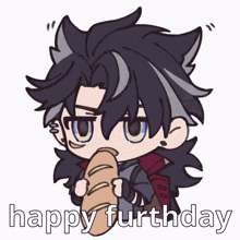 a cartoon of a wolf holding a loaf of bread with the words happy furthday written below it