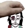 a hand is touching a cartoon character 's head .