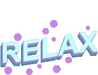 the word relax is surrounded by purple polka dots on a white background