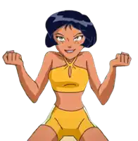 a cartoon girl in a yellow top and yellow shorts is flexing her muscles
