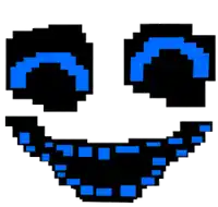 a pixel art smiley face with blue eyes and a black mouth