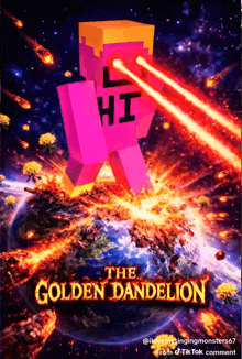 a movie poster for the golden dandelion shows a pink minecraft character