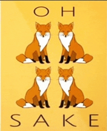 four foxes are sitting on a yellow background with the words oh sake below them