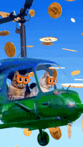 two cats are flying in a green helicopter with coins falling around them