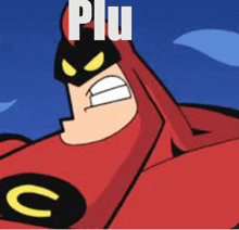 a cartoon character with the word piu on the top