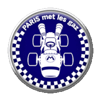 a logo for paris met les gaz has a picture of a racing car