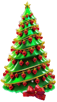 a green christmas tree decorated with red hearts and a gold star by ax