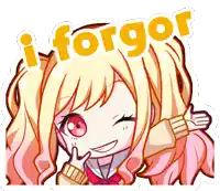 a cartoon girl with blonde hair and red eyes is smiling and says i forgor