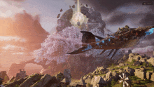 a screen shot of a video game shows a whale flying over a mountain