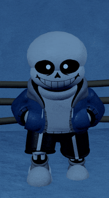 a cartoon character named sans is smiling and standing in a boxing ring