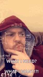 a man is sitting on a couch with a hoodie on and a calculator on his face .