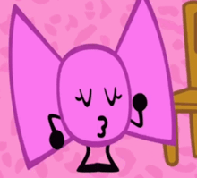 a cartoon character with a bow on its head is sitting next to a chair on a pink background .