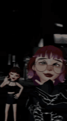 a cartoon girl with purple hair and glasses stands next to another girl