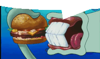 squidward from spongebob squarepants is eating a hamburger with his mouth open