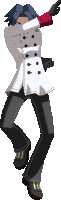 a pixel art of a man in a white coat and black pants dancing