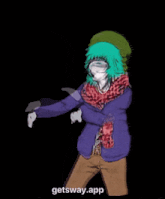 a cartoon character with green hair and a scarf has the word getsway app on the bottom