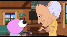 a cartoon of a man talking to a pink cartoon character with a banner that says bass