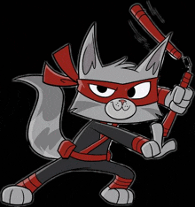 a cartoon cat is dressed as a ninja and holding a pair of nunchucks .