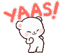 a sticker of a white teddy bear with the word yaas written on it .