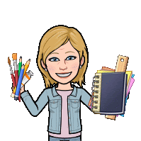 a cartoon woman is holding a stack of notebooks and pencils .