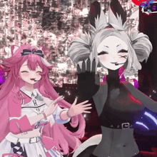 a girl with pink hair is wearing a shirt that has the letter h on it