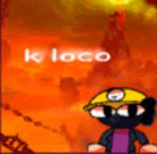 a cartoon character wearing a hard hat and sunglasses is standing in front of a red background with the word k loco on it