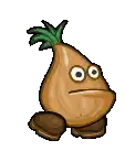 a cartoon onion with a green leaf on top of it and a face .