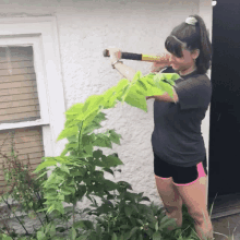 a woman with a ponytail is cutting a plant with a machete