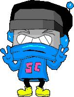 a cartoon character is wearing a blue sweater with the letter sc on it