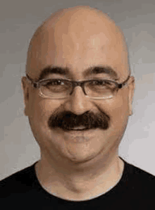 a bald man with a mustache and glasses is smiling .