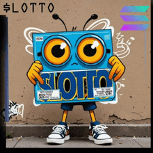 a cartoon character holding a box that says lotto on it