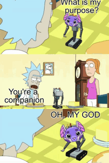 a cartoon of rick and morty talking to a robot that says oh my god