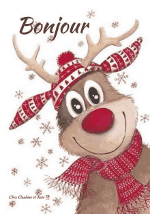 a reindeer wearing a hat and scarf is smiling on a greeting card .