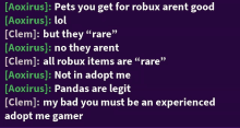 a purple background with a bunch of text that says " pets you get for robux aren t good "