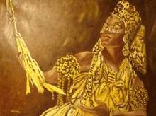 a painting of a woman wearing a yellow dress and a crown