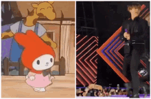 a picture of a cartoon character and a picture of a man standing on a stage