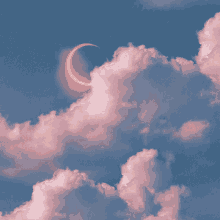 a crescent moon is partially obscured by pink clouds in a blue sky