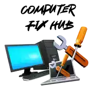 a computer fix hub logo with a computer monitor a laptop and a screwdriver