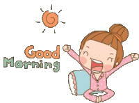 a cartoon of a girl saying good morning with the sun in the background