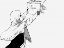 a black and white drawing of a girl in a hijab holding a sign that says `` stop crying '' .