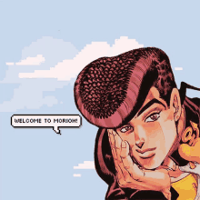 a pixel art illustration of a man with a speech bubble that says welcome to morioh