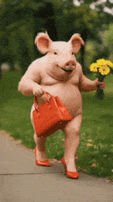 a pig is holding a red purse and a bunch of yellow flowers