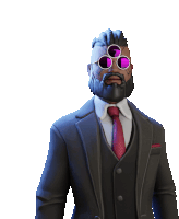 a man with a beard is wearing a suit and tie and purple sunglasses