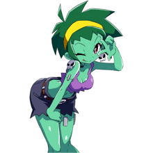 a cartoon character with green hair and a skull tattoo on her arm